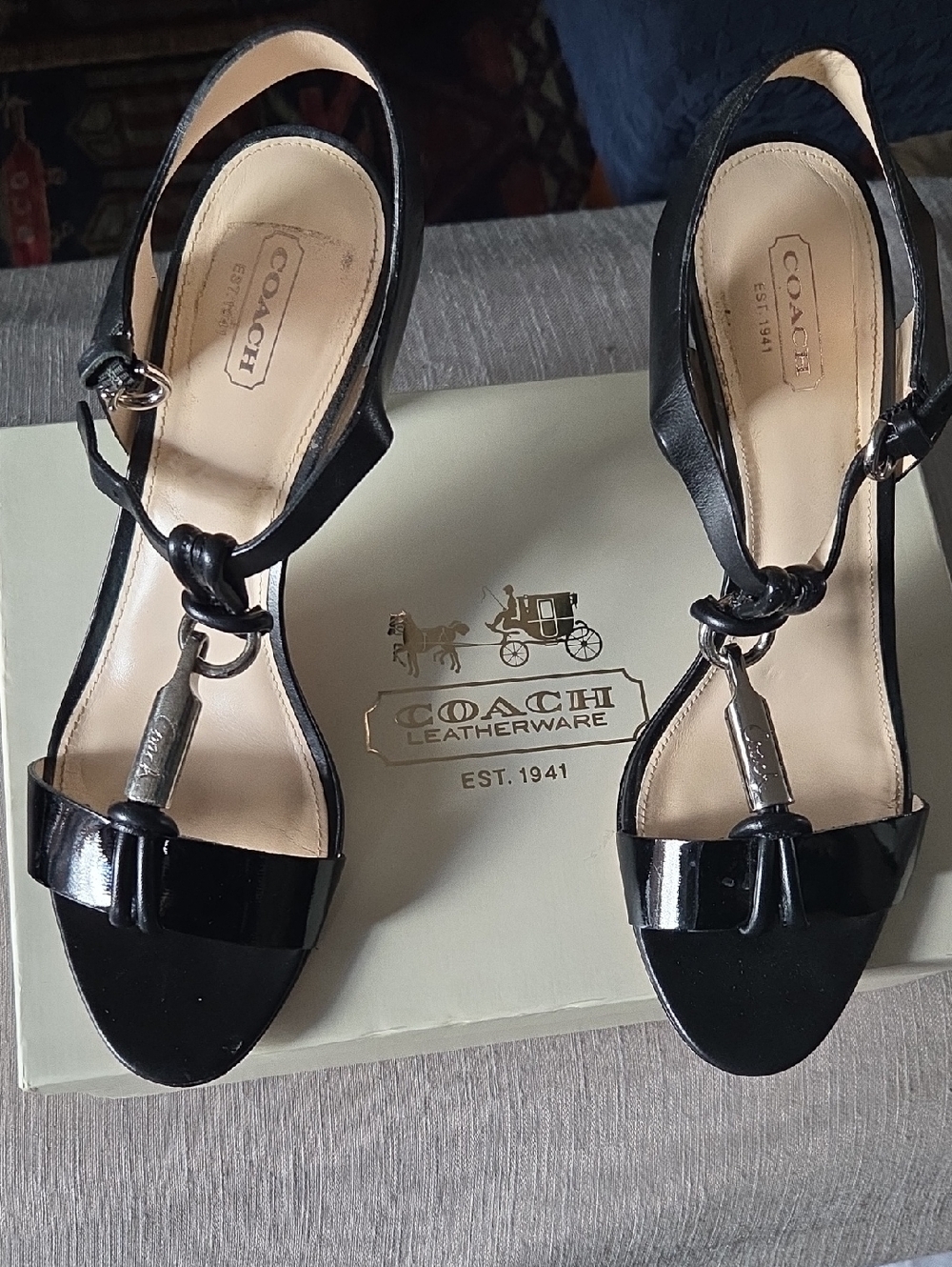 Coach Black Patent Leather Slingback Heels with Silver Charm